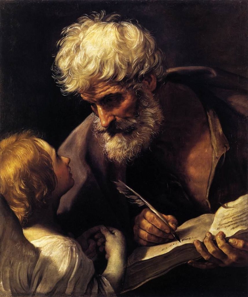 Tableau de Guido Reni proposant une variation du tableau de Rembrandt. Ici, Saint-Matthieu se penche sur l'ange pour prendre ses ordres.